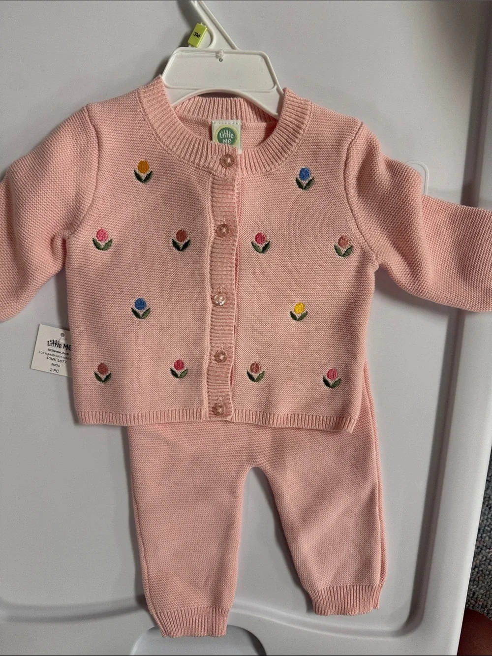 Little Me NWT 3M Girls Light Pink Knit Cardigan and Pants Set Floral Embroidery